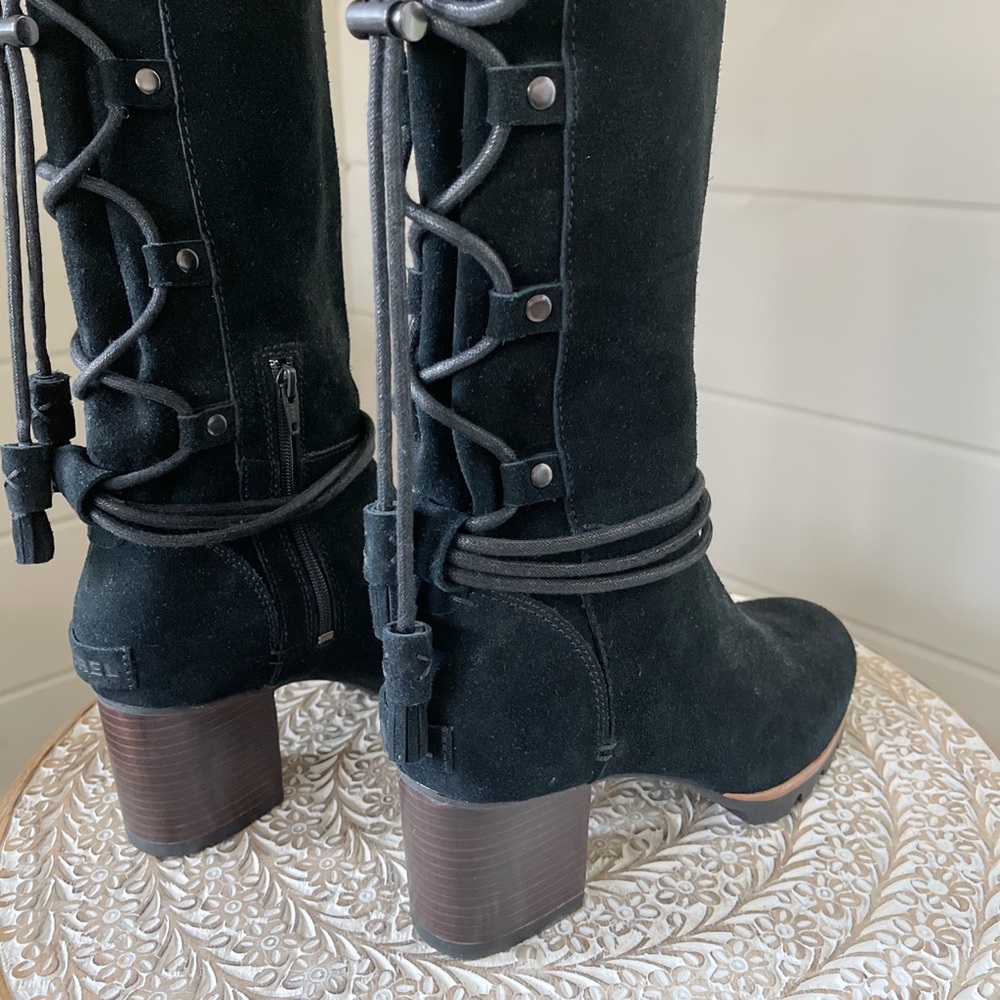 NWOB SOREL Farrah Mid Calf Black Suede Heel Boot